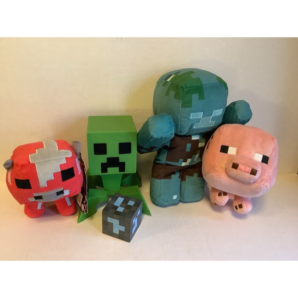 Minecraft Collectible Bundle 7" Creeper Figure and 3 Plush Cow & Pig Toys